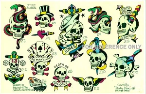 VINTAGE 1968 Skulls Colored TATTOO Flash Sheet Print - Picture 1 of 3