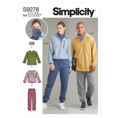 SIMPLICITY 9278 UNISEX TOPS PANTS NECKPIECE Sewing Pattern Sizes XS-M & L-XXL - Image 1 of 4