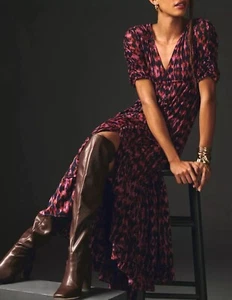 Anthropologie Damen lila bedruckt geraffte Ärmel Mesh gefüttert Maxikleid Gr. L - Bild 1 von 13