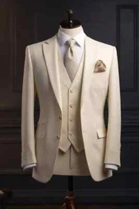 Premium Ivory Three-Piece Suit for Men-Elegant Formal Wear for Weddings Blazer - Picture 1 of 6