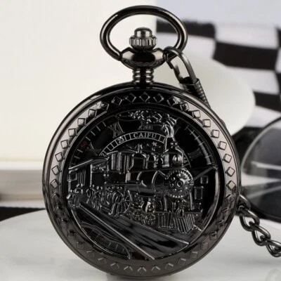 Classical Steam Train Hollow Mechanical Hand Wind Black Pocket Watch Chain Gift - Image 1 of 4