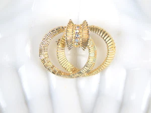 Vtg. Double Wedding Band Textured Gold Tone Brooch Pin w/ Aurora Borealis stones - Picture 1 of 6