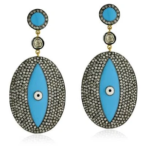 6.76ct Diamond Blue Enamel Evil Eye Oxidized Drop Dangle Earrings 925 Silver - Picture 1 of 5