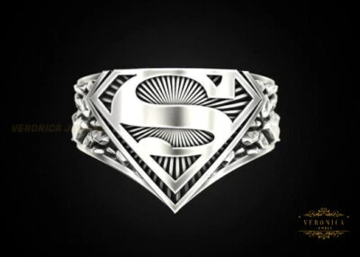 Anillo de plata negra inspirado en superhéroes para hombre anillo de Superman de acero en 925 SS Foto 1 de 4