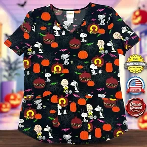 OFFICIAL Peanuts The Great Pumpkin WOMEN'S SM Scrub Top Halloween V-Neck Snoopy - Picture 1 of 17