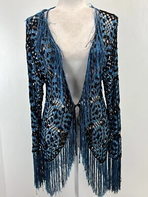 Cárdigan macramé hecho a mano para mujer azul negro tejido abierto corbata única hippie boho Foto 1 de 4