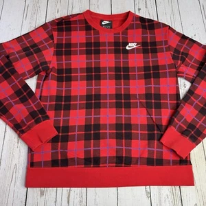 Nike Plaid Crewneck Pullover Sweatshirt Embroidered Swoosh Red Womens XS - Picture 1 of 9