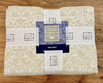 William Morris Strawberry Thief Natural King Quilt Coverlet Botanical Birds - Image 1 of 4