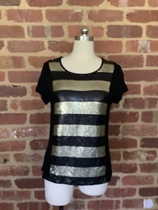 Jag Ladies M 8 10 12 short sleeve black gold top T Shirt Sequins Bling - Picture 1 of 6