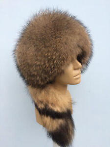 Raccoon Fur Hat Adjustable All Fur Round Hat Detchable Tail Fur Beanie Hat