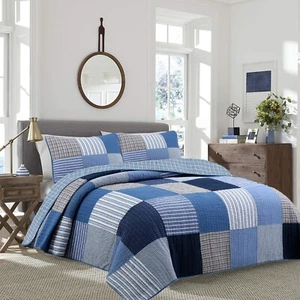 Blue Jean Plaid Stripe Tartan Patchwork Cotton Reversible Quilt Bedding Set - Picture 1 of 6