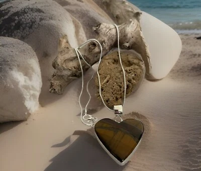 Collar Colgante Corazón Ojo de Tigre - Chapado en Plata de Ley 925 - Nuevo Foto 1 de 3