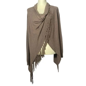 Lovestitch Long Sleeve Cowl Neck Fringe Wrap Cardigan Beige Women's Size Medium - Picture 1 of 15