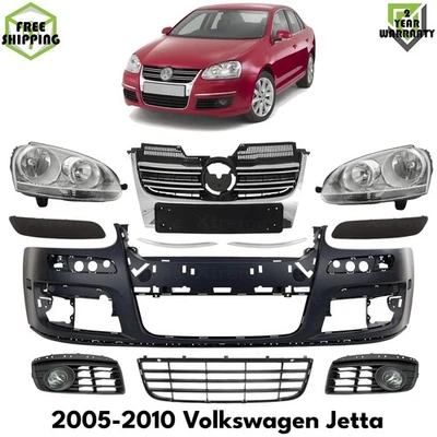 Front Bumper Cover Primed Plastic & Headlights Kit For 05-2010 Volkswagen Jetta Foto 1 de 4