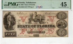 FL CR-34 1864 $5 Florida Paper Money - PMG Choice Extremely Fine 45 - PLUS - Picture 1 of 2