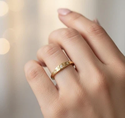 14k Solid Gold 3-Star Diamond Signet Ring Dainty & Elegant Womens Stacking Ring - Image 1 of 4