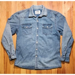 Camisa Zara Azul Denim Abotonada Cuello Informal Mujer Talla Grande Perla Botones - Imagen 1 de 9