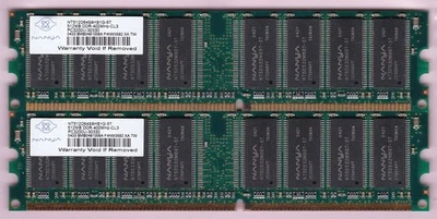 Kit de memoria RAM de escritorio 1 GB 2x512 MB PC-3200 NANYA DDR-400 NT512D64S8HB1G-5T DDR1 Foto 1 de 3