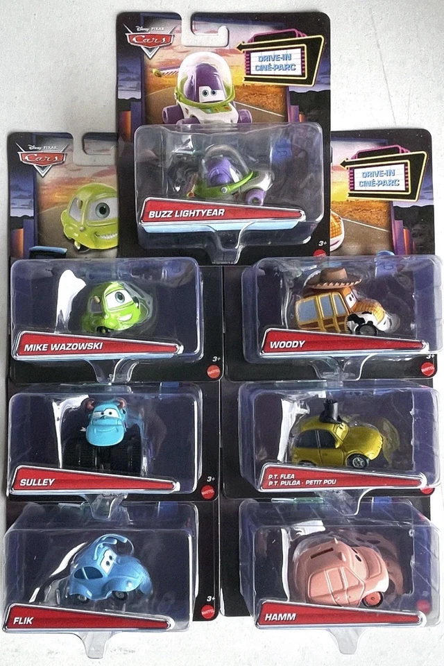 Disney Pixar Cars  Drive In SET OF 7  WOODY FLIK HAMM MIKE SULLEY BUZZ PT FLEA - Image 1 of 1