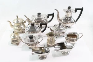 Silver Plate Tea Set Assorted Collection Sugar Scuttles Wooden Handles 5886g - Picture 1 of 6