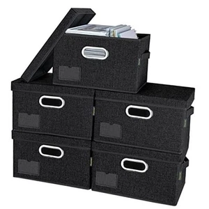 Storage Bins with Lids, Foldable Linen Fabric Storage 5-Pack Large Size Black - Picture 1 of 7