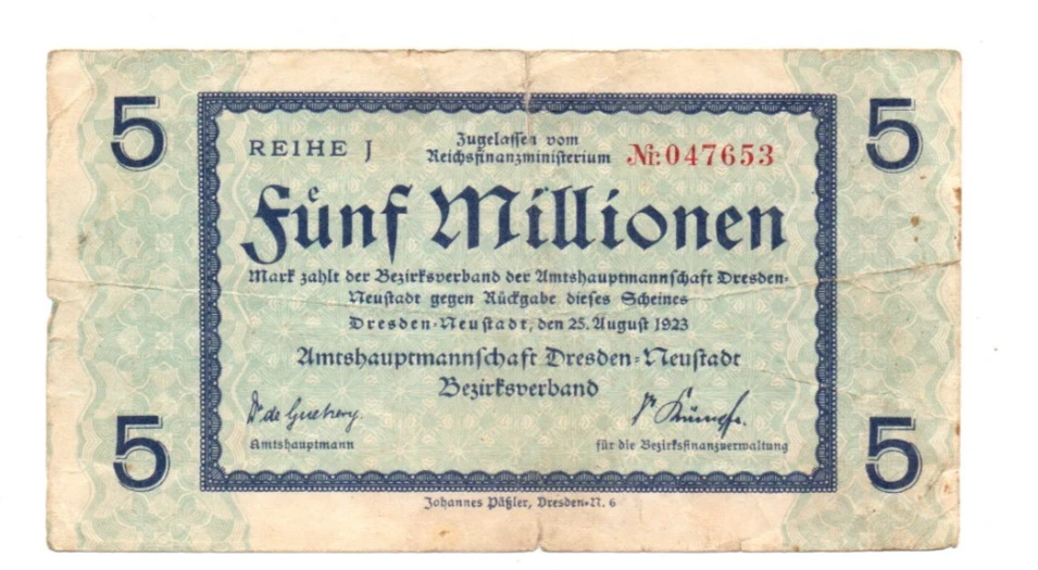 5  000 000  MARK  VG  BANKNOTE  FROM  GERMANY/DRESDEN   1923 - Image 1 of 2