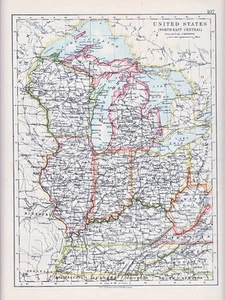 1912 MAP ~ UNITED STATES ~ NORTH EAST CENTRAL OHIO ILLINOIS - Picture 1 of 1