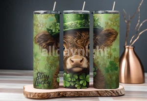 20 oz Tumbler, highland cute baby cow, Stay Lucky Happy St. Patrick's Day - Picture 1 of 2