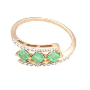 10Ct Yellow Gold Emerald Three-Stone & Diamond Accents Ring (Size N 1/2) 13x4mm - Picture 1 of 3