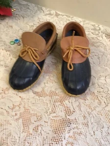 Woodbridge Womens Shoes Size 6 - Duck Rain Boots - Blue & Tan Leather Rubber - Picture 1 of 11