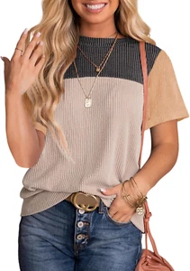 Dokotoo Womens Color Block Fashion Short Sleeve Crewneck Knitted Spring Summer C - Picture 1 of 12