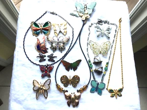 Butterfly Pins Pendants Collection 16 Pcs. Enamels, Glitzy Stones Signed Costume - Picture 1 of 10