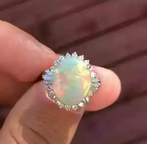 Lab Created Fire Opal 3 Ct Oval Cut Halo Engagement Ring 14K White Gold Plated - Picture 1 of 13