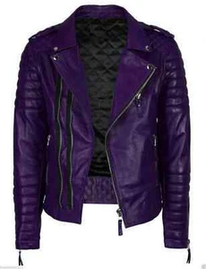 STYLISH New Men's Purple Jacket 100% Soft Sheepskin Bomber Biker Slim Fit Jacket - Picture 1 of 4