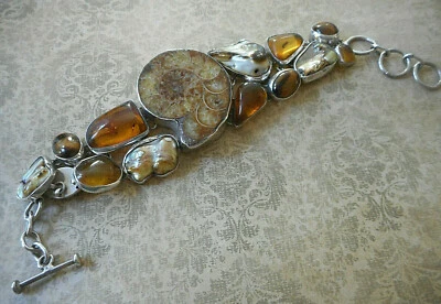 Dramático Brazalete Ojo de Tigre con Cáscara de Ámbar Fósil de Anémona Esterlina RE99C2R Foto 1 de 4