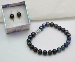 Bracelet Ear Stud Set Black Iridescence Multicolored Beaded Pearl Size Costume - Picture 1 of 3