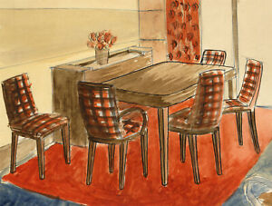 Table et chaises de salle à manger S. Foley, design d'intérieur années 1950 - aquarelle milieu du XXe siècle