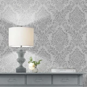 Darcy James Collection Eleanor Metallic Damask Grey 173511 Muriva Wallpaper - Picture 1 of 5