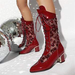 Women's Lace Up Count Shoes Pointed Toe Block Heel Hollow Out Sequins Decor - Picture 1 of 16