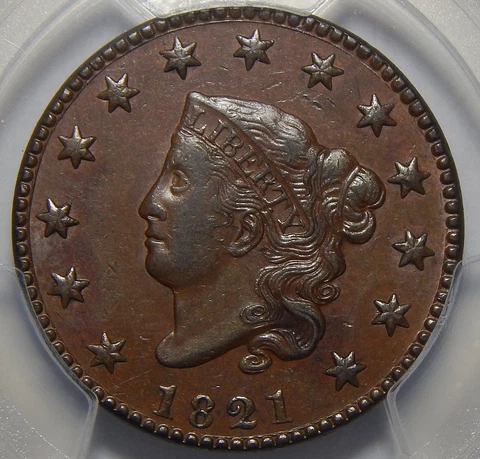 1821 PCGS/CAC AU58 CORONET HEAD LARGE CENT Cover