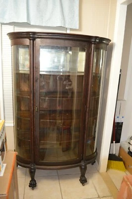 VINTAGE ~ OAK CHINA CABINET ~ BEAR CLAW FEET ~ ORIGINAL GLASS ~ 1850 - 1899 - Image 1 of 4