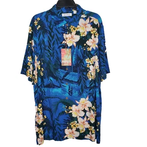 Caribbean Mens Shirt Blue SZ XL Paradise Floral Hawaiian Short Sleeve Roundtree - Picture 1 of 15