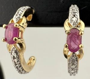 ROSS SIMONS GOLD PLATED 925 RUBY DIAMOND ACCENT STUD DROP EARRINGS K568A - Picture 1 of 5