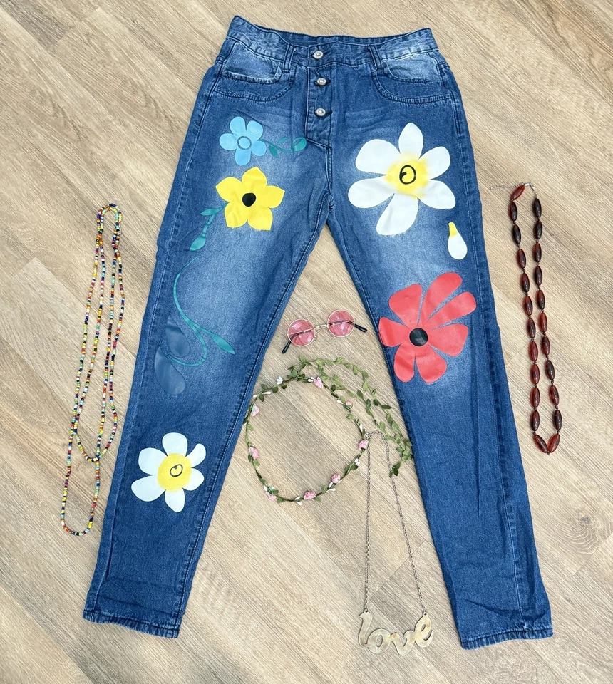 Hippie Halloween Disfraz Conjunto Denim Jeans Flor Paz Joyería Gafas Redondas S Foto 1 de 4