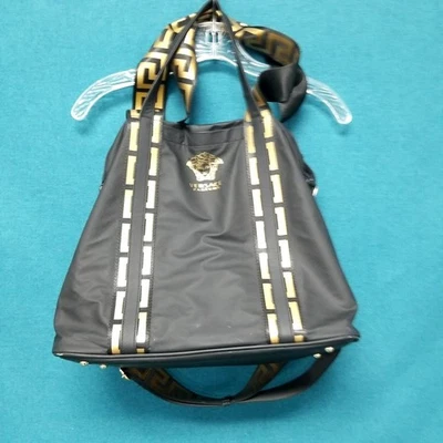 Bolsa de ombro Versace Parfums grande dobrável embalável ouro preto viagem - Imagem 1 de 4