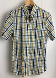 Fred Perry Mens Check Shirt Small Short Sleeve Embroidered Logo Blue Yellow Mod - Picture 1 of 5