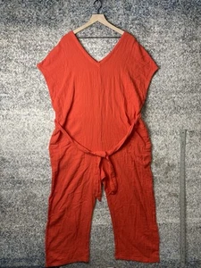 PACT Coastal Tie Waist Jumpsuit Poppy Red 100% Organic Cotton Gauzy Beach XL - Picture 1 of 10