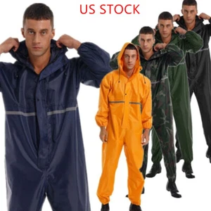 Men's Hooded Raincoat Waterproof Rain Suit Reflective Jumpsuit Zipper Coveralls - Picture 1 of 64