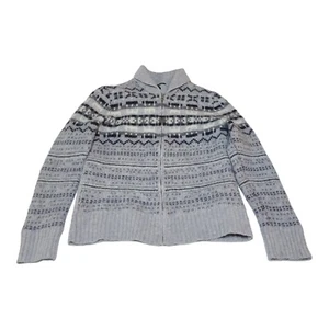 Stile Benetton 100% Wool Sweater Youth XL Full Zip Fair Isle Gray Italy - Picture 1 of 9
