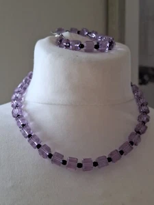 Glass Cube Beaded Necklace & Bracelet Set Purple & Black - Picture 1 of 10
